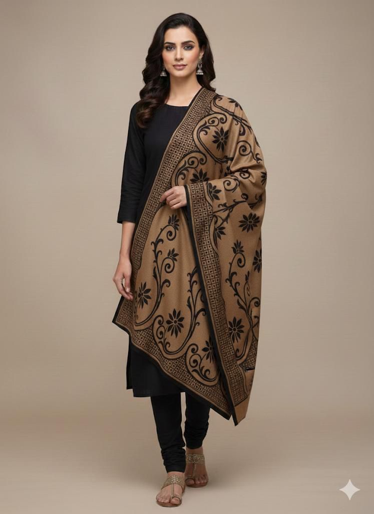 Unstitched 3-Piece Printed Khaddar/Linen Winter Suit with Kashmiri-Style Shawl