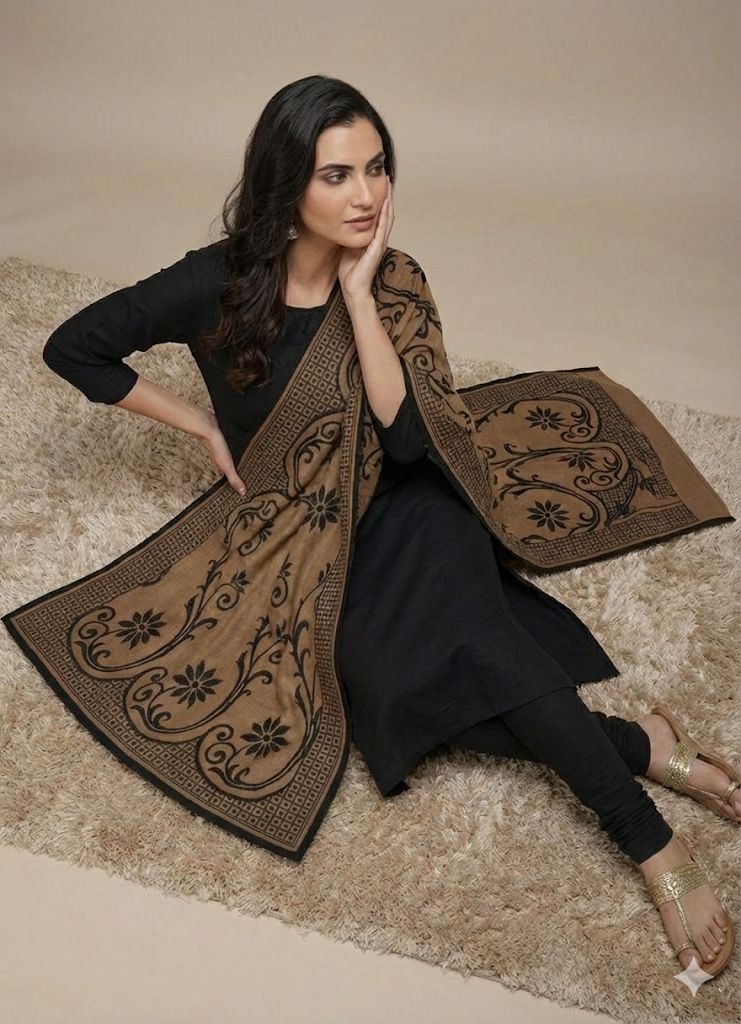 Unstitched 3-Piece Printed Khaddar/Linen Winter Suit with Kashmiri-Style Shawl