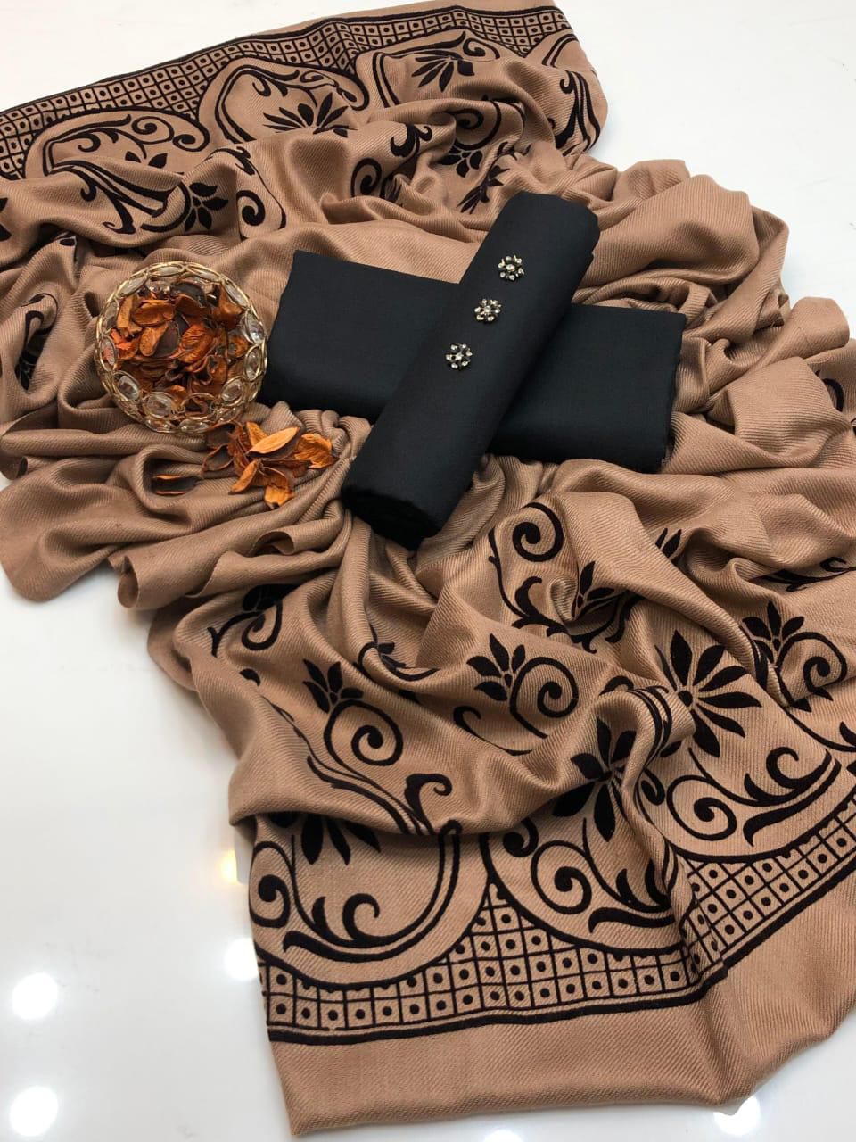 Unstitched 3-Piece Printed Khaddar/Linen Winter Suit with Kashmiri-Style Shawl