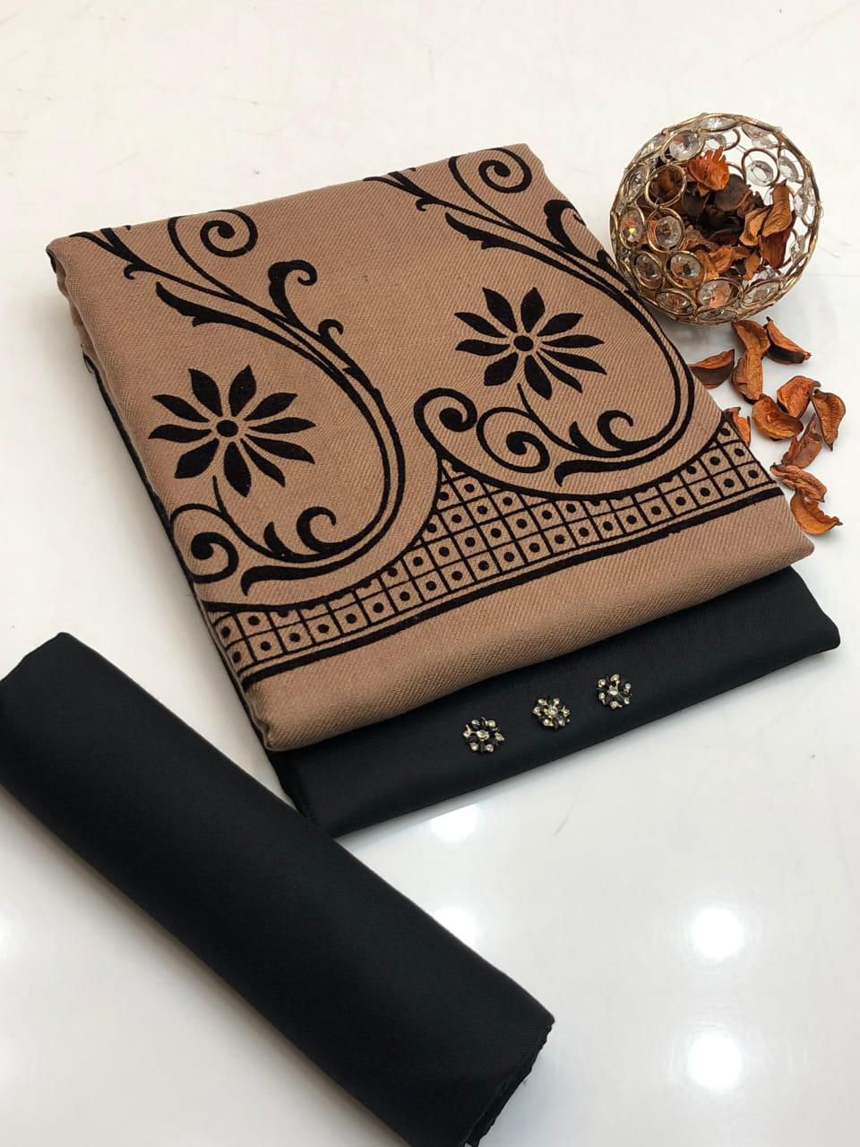 Unstitched 3-Piece Printed Khaddar/Linen Winter Suit with Kashmiri-Style Shawl