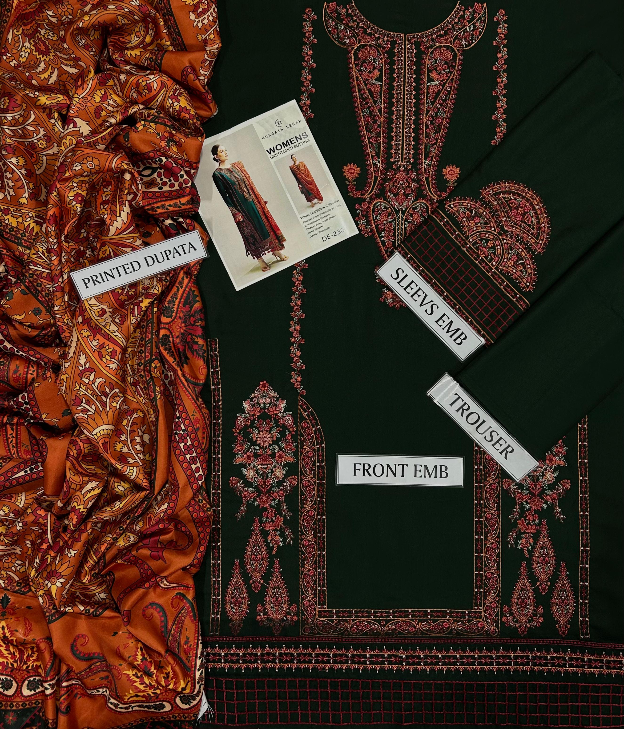 Hussain Rehar Premium Embroidered Khaddar/Marina Winter Suit (DF-230)