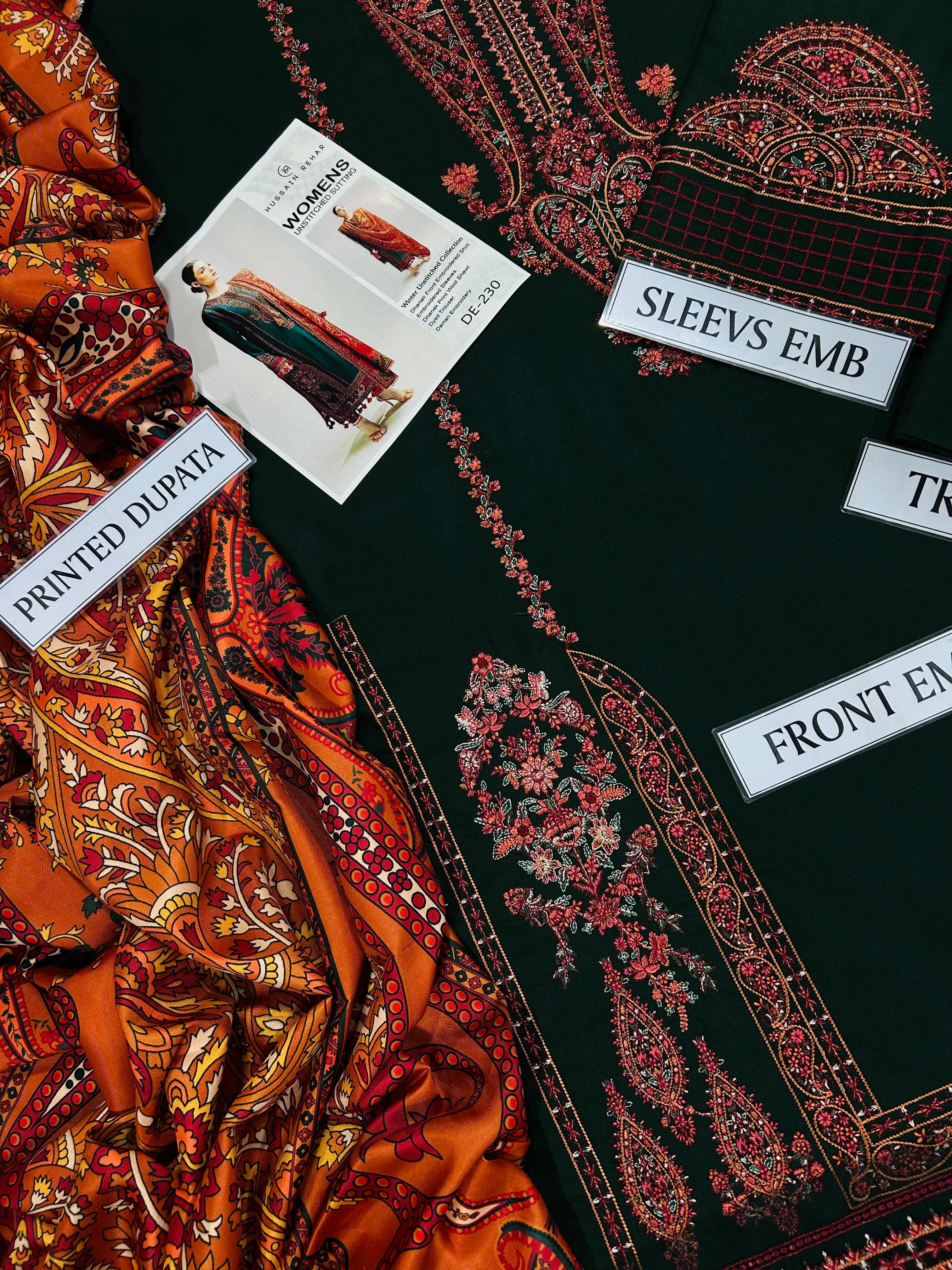 Hussain Rehar Premium Embroidered Khaddar/Marina Winter Suit (DF-230)