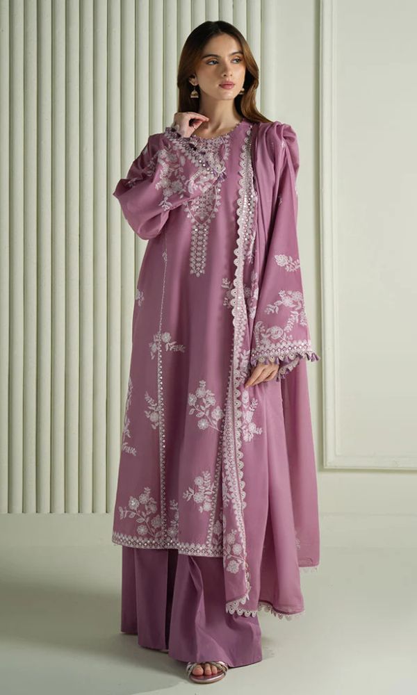 Elegant Lilac (Mauve) Ensemble with White Embroidery and Lace
