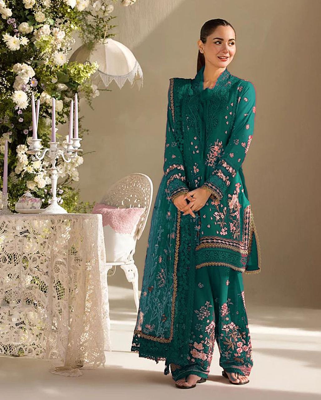 Luxury Emerald Green Ensemble with Dusty Rose Floral Embroidery