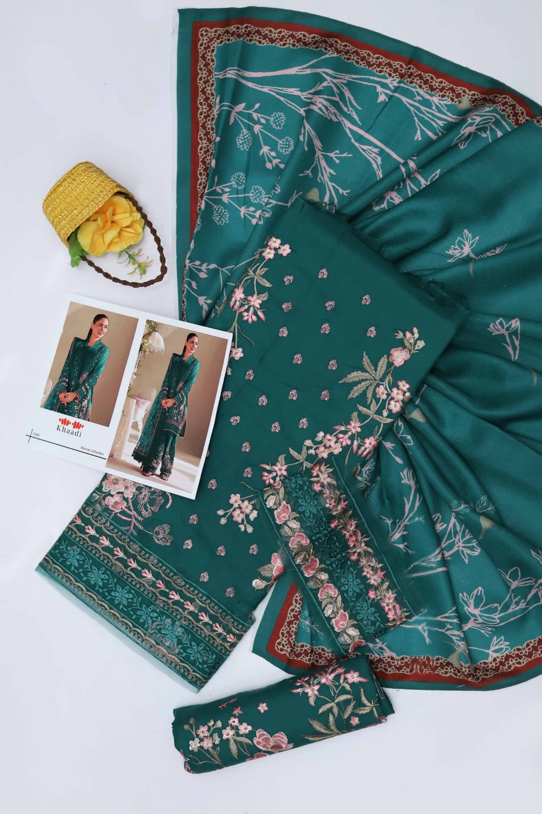 Luxury Emerald Green Ensemble with Dusty Rose Floral Embroidery