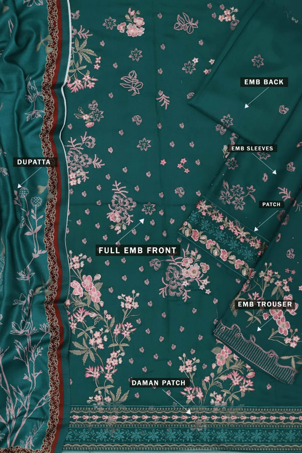 Luxury Emerald Green Ensemble with Dusty Rose Floral Embroidery