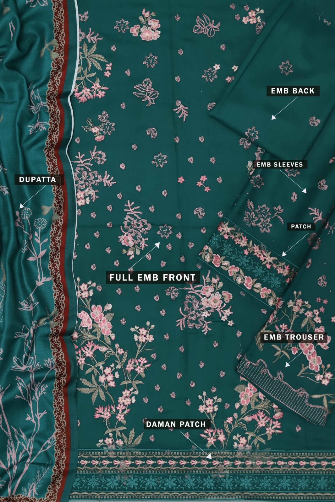 Luxury Emerald Green Ensemble with Dusty Rose Floral Embroidery