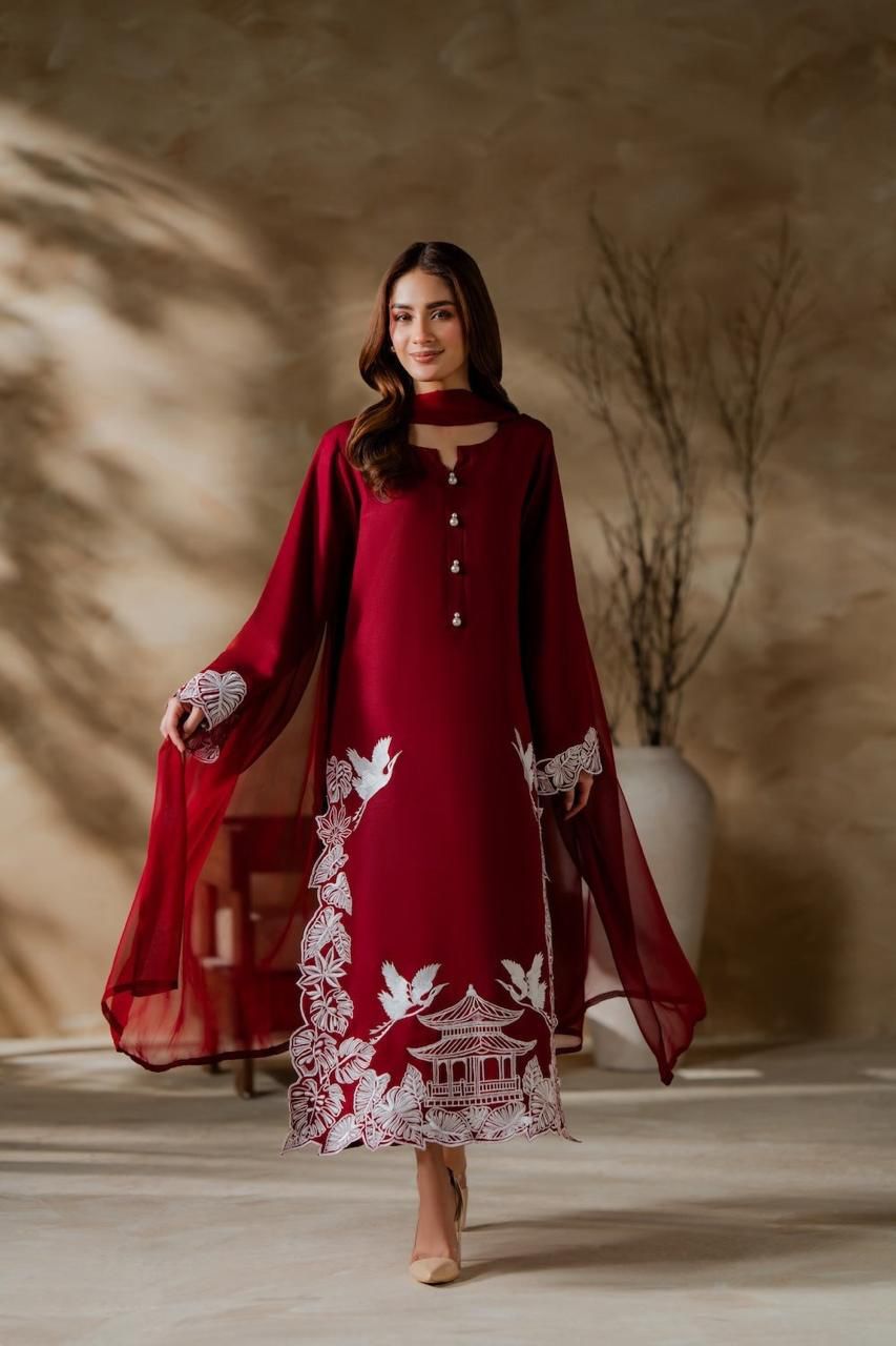 Claret Red Ensemble with Pagoda and Crane Embroidery