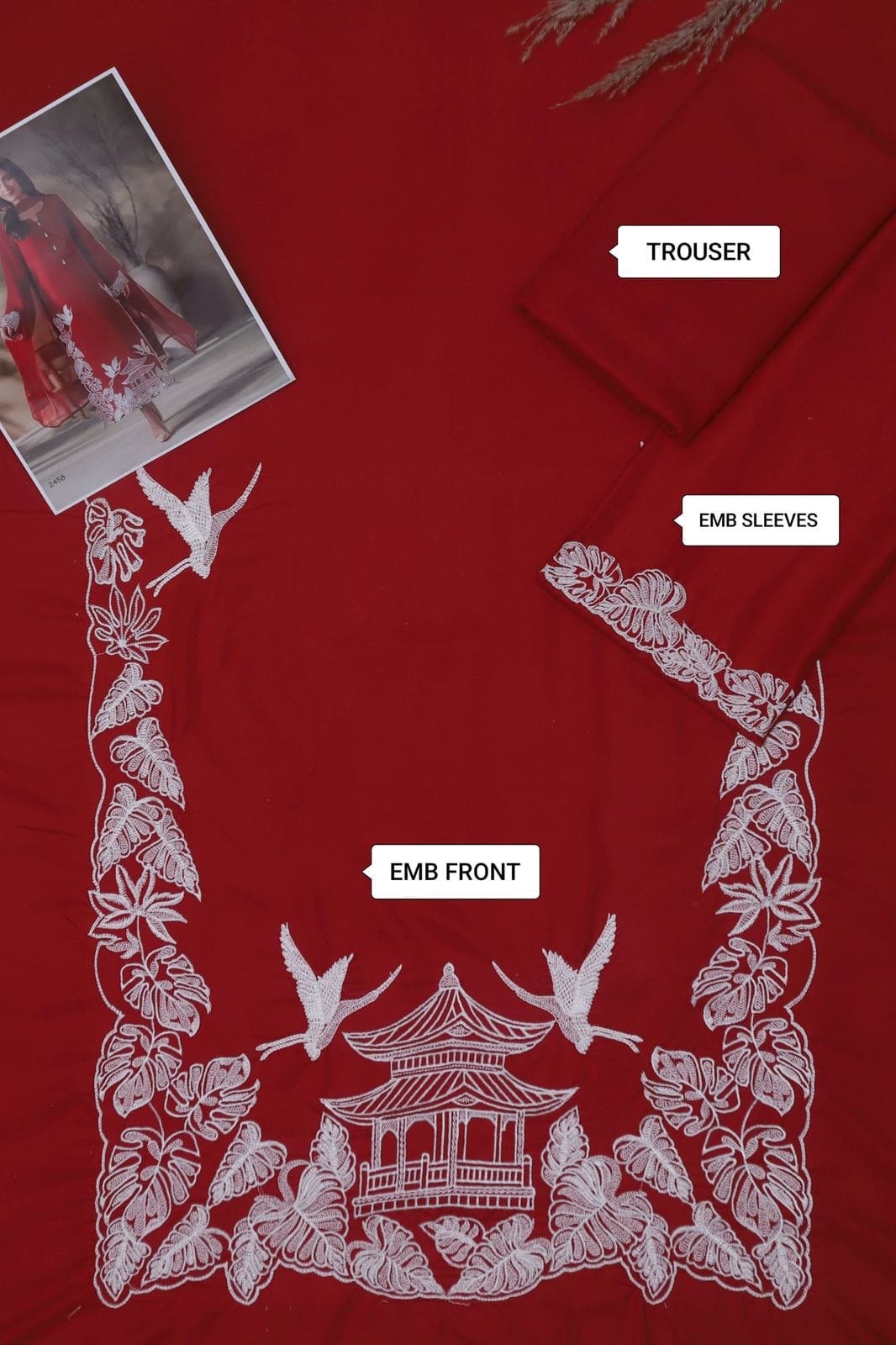 Claret Red Ensemble with Pagoda and Crane Embroidery