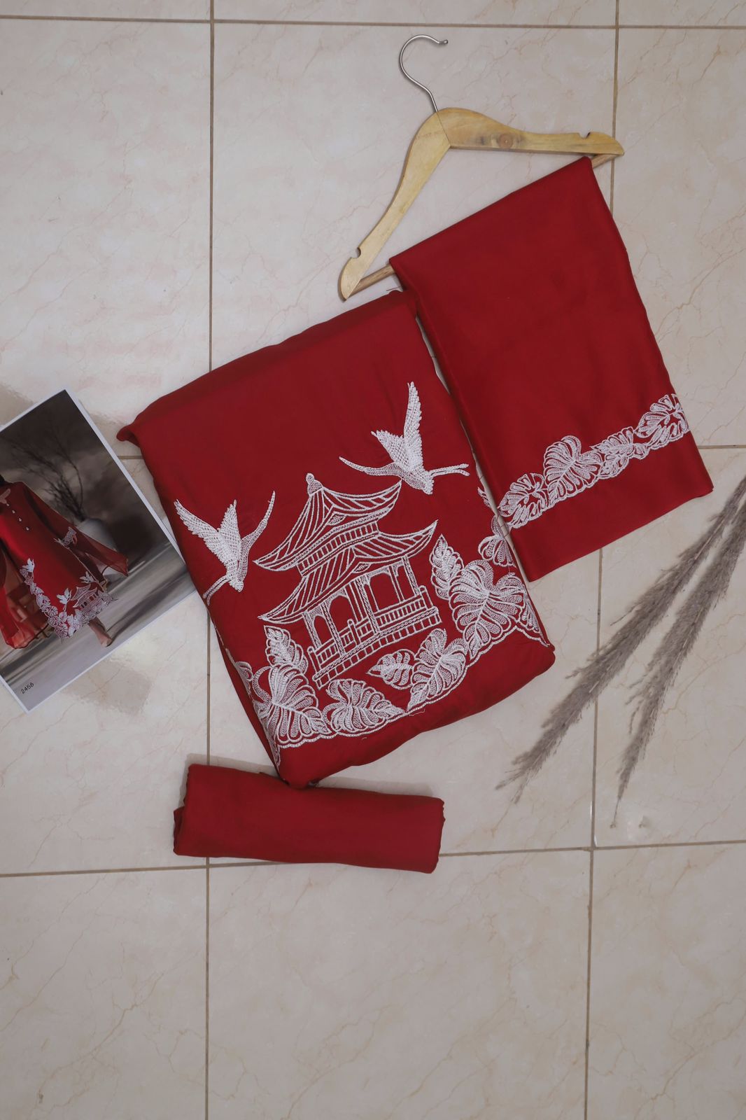 Claret Red Ensemble with Pagoda and Crane Embroidery