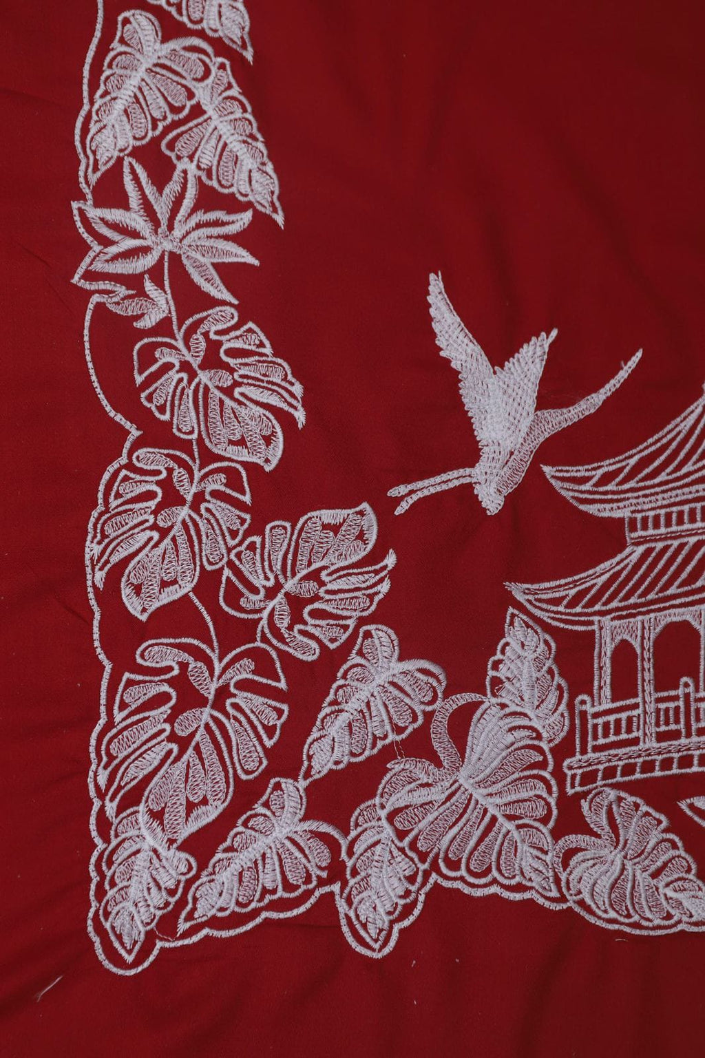 Claret Red Ensemble with Pagoda and Crane Embroidery