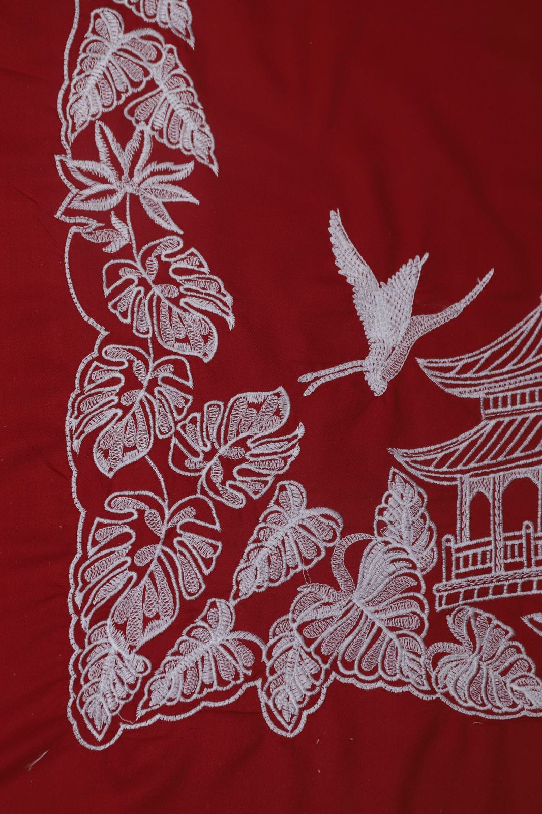 Claret Red Ensemble with Pagoda and Crane Embroidery
