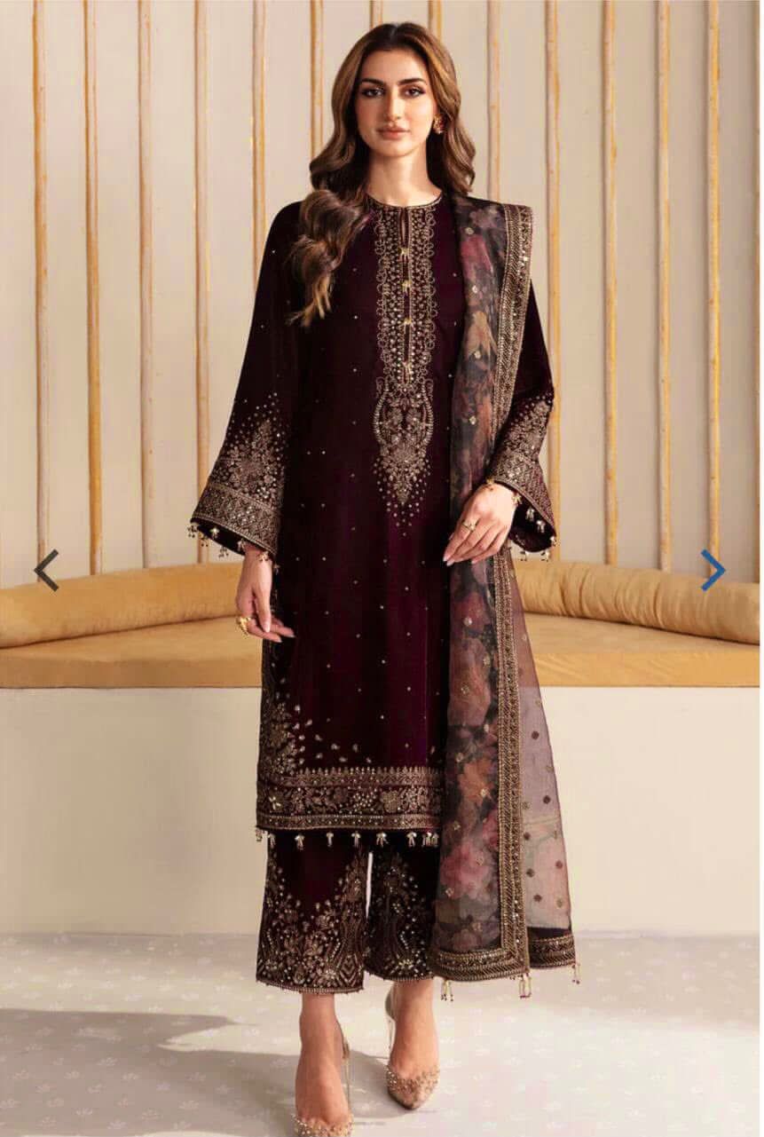 JAZMINE -  Premium Embroidered Velvet 3-Piece Suit.