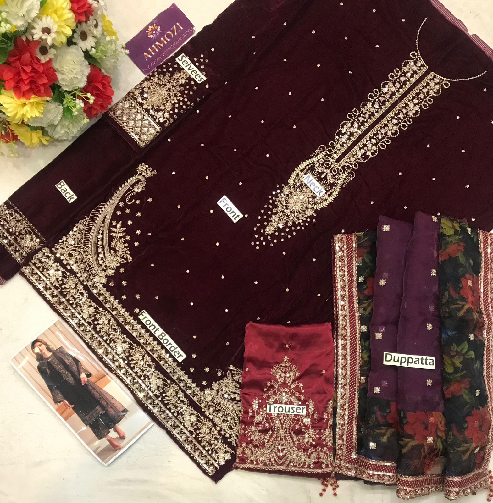 JAZMINE -  Premium Embroidered Velvet 3-Piece Suit.