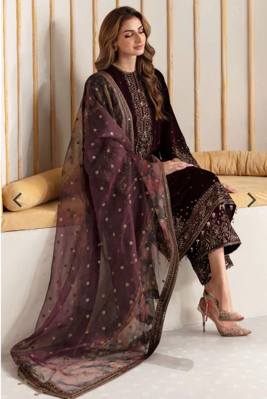 JAZMINE -  Premium Embroidered Velvet 3-Piece Suit.