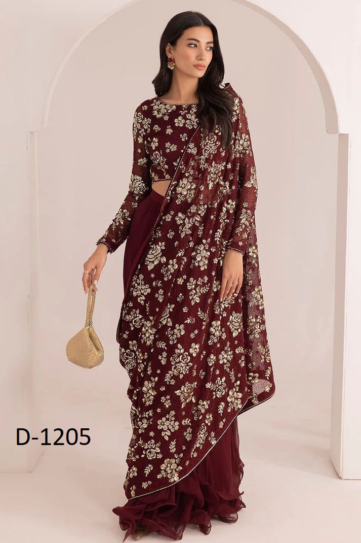 Jazmin Luxury Embroidered Chiffon Saree ,unstitch Replica.