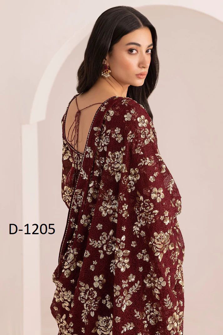 Jazmin Luxury Embroidered Chiffon Saree ,unstitch Replica.